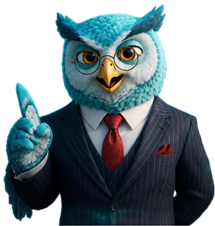 The ClearMarket owl in a pinstripe suit, raising a finger to make a point